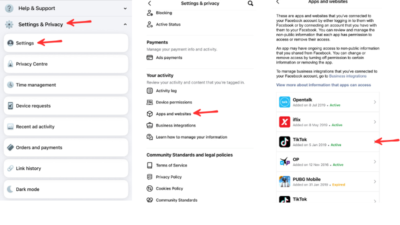 Screenshot showing how to unlink Facebook from TikTok – Settings and Linked accounts