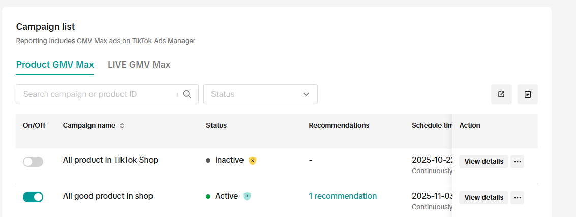 TikTok GMV Max Campaign List Screenshot